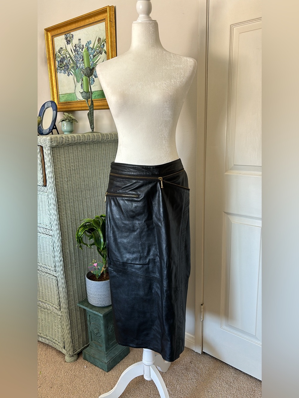 Vintage black leather moto skirt